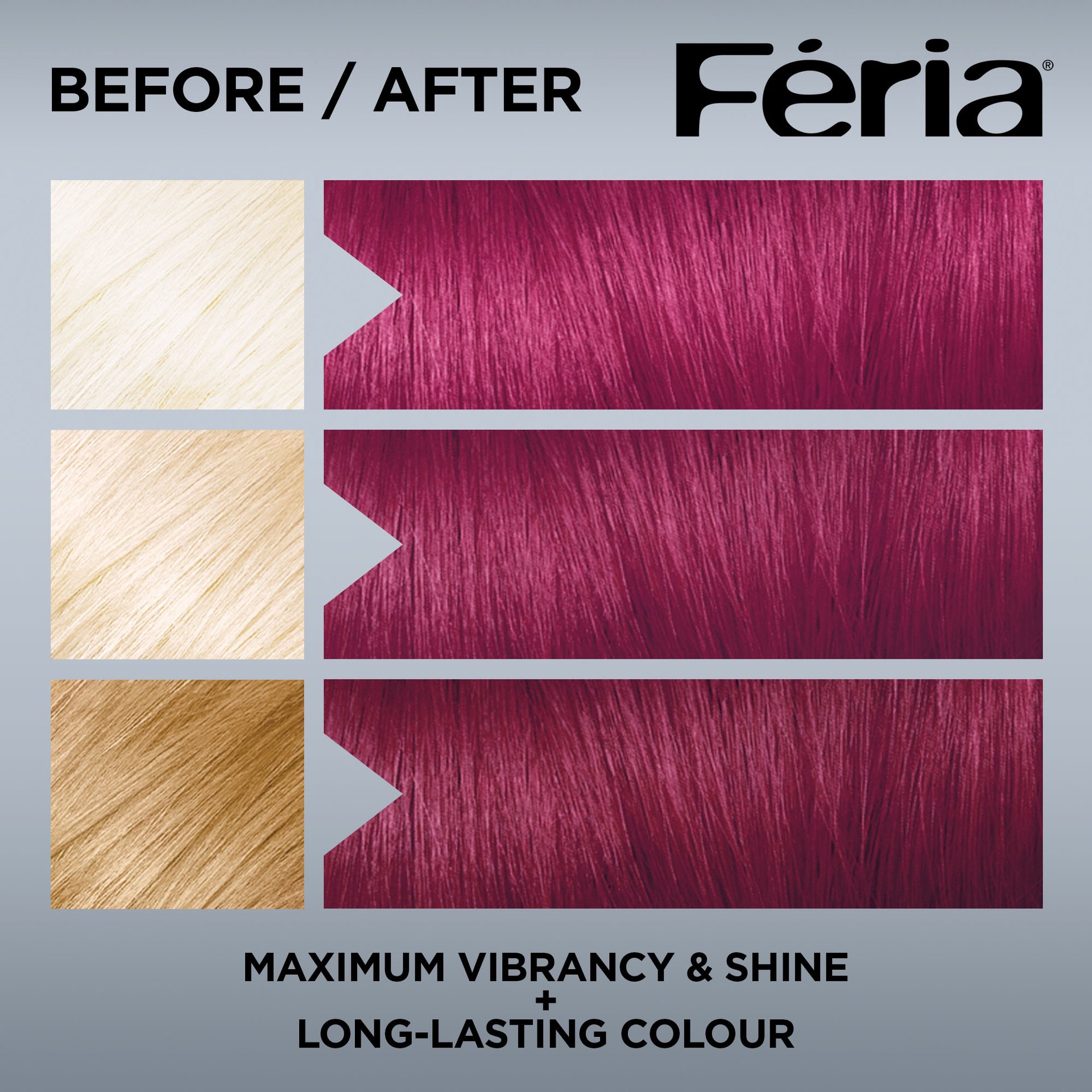 Hair before and after using Feria 622 Vivid Fuchsia